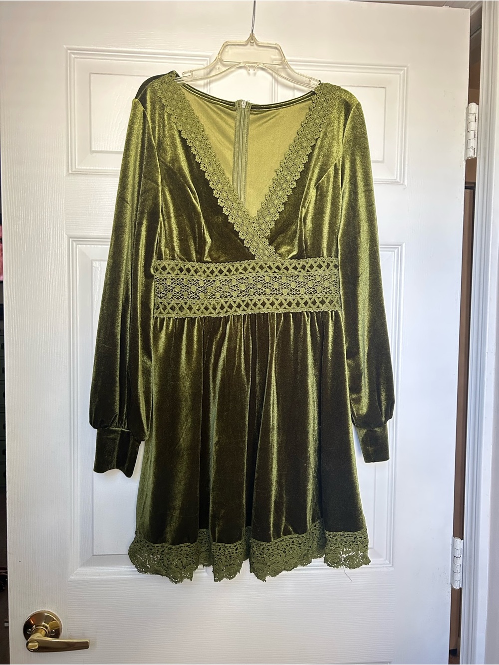 Cider Olive Green Velvet Lace-Trim Long Sleeve Dress